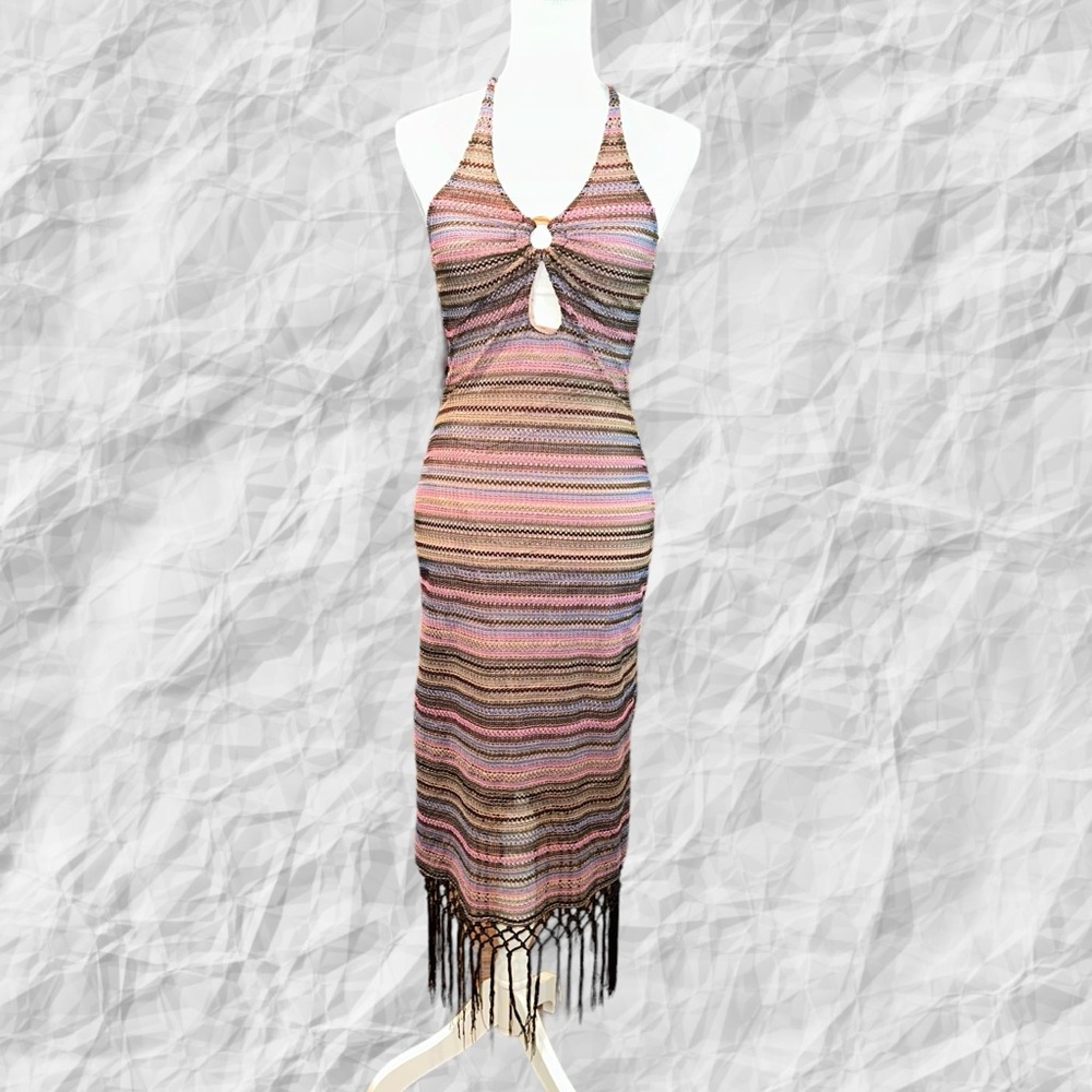 House of‎ Harlow Crochet Halter Dress Fringe Keyhole Small